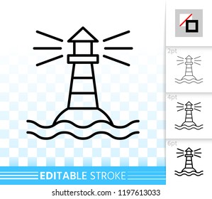 Lighthouse thin line icon. Outline web sign of beacon. Navigation linear pictogram with different stroke width. Simple vector symbol, transparent background. Beacon editable stroke icon without fill