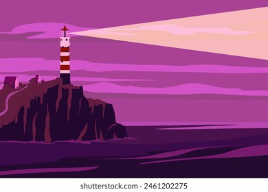 Lighthouse tower, beacon on seashore ocean with ray of light