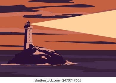 Lighthouse tower, beacon on seashore ocean with ray of light