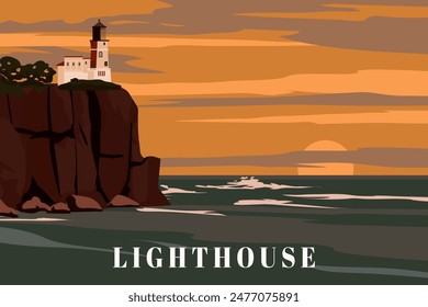 Lighthouse tower, beacon on seashore ocean, sunset