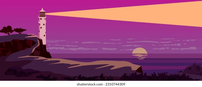 Lighthouse tower, beacon on tropical seashore ocean with ray of light