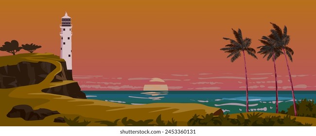 Lighthouse tower, beacon on tropical seashore ocean sunset