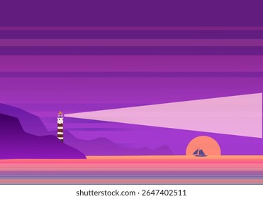 Lighthouse tower, beacon on tropical seashore ocean with ray of light