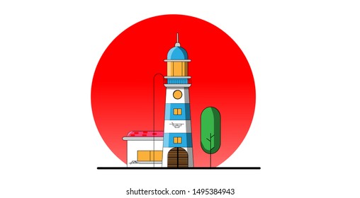The lighthouse is a tower building with a light source at the top to aid navigation of ships.