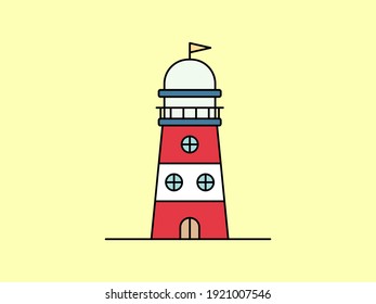 The lighthouse tower building is red and white with a flag on it isolated on color background. Front view. Architectural flat style vector illustration. 