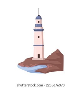 Leuchtturm-Bau an der Küste. Einzelne Suchscheinwerfer helfen Schiffen und Schiffen beim Navigieren. Anleitung im Meer oder Ozean. Vektorgrafik im Flachstil