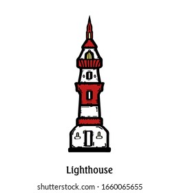 Logo des Leuchtturms. Buchen Sie Märchendesign. handgezeichnet
