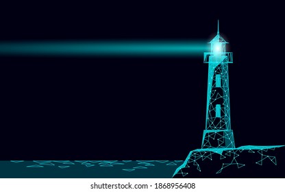 Lighthouse tower emit light lamps and lenses navigation for maritime pilots at sea ocean. Searchlight beam marine night low poly. Safety dangerous coastlines hazard reef rock vector illustration