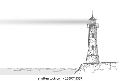 Lighthouse tower emit light lamps and lenses navigation for maritime pilots at sea ocean. Searchlight beam marine night low poly. Safety dangerous coastlines hazard reef rock vector illustration