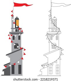 Lighthouse tower with festive flags on a white background. Set for coloring and learning for children. Vector illustration