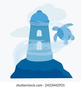 Lighthouse tower.  Gusts of wind and clouds. Fantasy art with a turtle. marine theme. Vector stock illustration. Isolated on a white background.