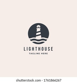 Lighthouse Tower Island logo with wave. premium vector design inspiration