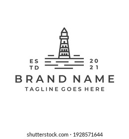 Lighthouse Tower Island with searching light. Simple Line Art logo design inspiration
