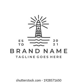 Lighthouse Tower Island with searching light. Simple Line Art logo design inspiration