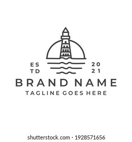 Lighthouse Tower Island with searching light. Simple Line Art logo design inspiration