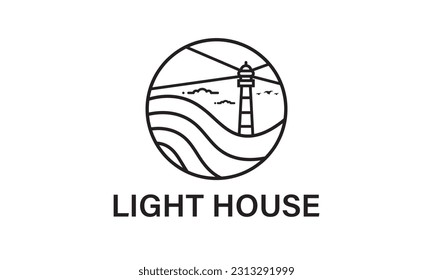 Lighthouse Tower Island with searching light. Simple Line Art logo design inspiration