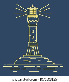 Lighthouse tower line art vector.Burning sea, ocean searchlight.