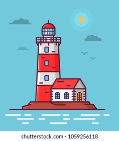 Lighthouse tower lodge on the rock. Navigation beacon for the ships.Landscape sea with waves a beacon and seagulls.Flat line art vector.Cartoon building.Sea guiding light house.Maritime searchlight.