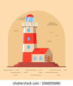 Lighthouse tower lodge on the rock. Navigation beacon for the ships.Flat vector.