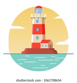 Lighthouse tower lodge on the rock.The sea beacon the lighting way the ships navigation. 