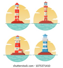 Lighthouse tower lodge on the rock. Navigation beacon for the ships.Flat line art vector.Cartoon building.
