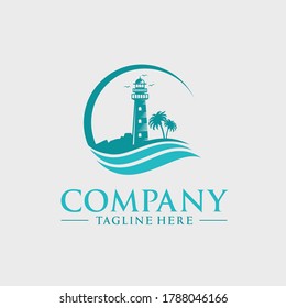 lighthouse tower logo design with rocks and waves