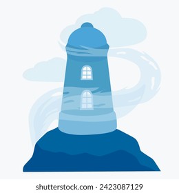 Lighthouse tower. Natural landscape background. Gusts of wind and clouds. Vector stock illustration. Isolated on a white background.