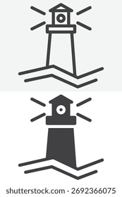 Lighthouse tower near sea different style icon pack. Line and glyph version, outline and solid vector sign. Editable stroke navigation icon symbol.
