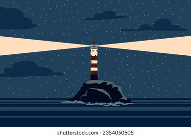 Lighthouse tower on island in sea, ocean with ray of light