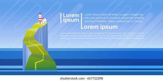 Lighthouse Tower On Mountain In Sea, Ocean Landscape With Copy Space Flat Vector Illustration