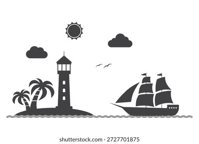 Torre del faro en la isla de palmeras y barco de vela en el icono de las olas del océano