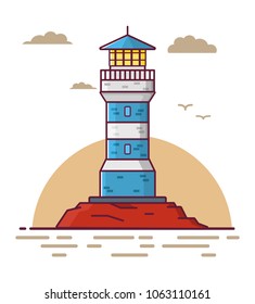 Lighthouse tower on a rock. Sea landscape with seagulls and clouds. Flat line art vector icon cartoon.Building facade.