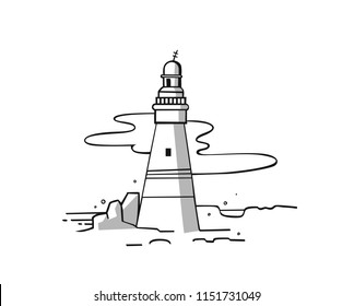 Lighthouse tower on the rocks, hand drawn engraving sketch vector nautical Lighthouse illustration.