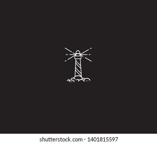Lighthouse tower on the rocks, hand drawn engraving sketch vector nautical Lighthouse illustration.