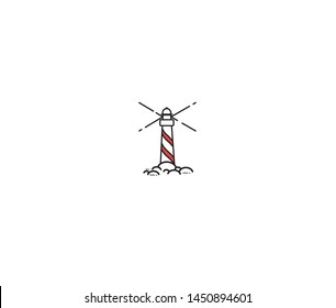 Lighthouse tower on the rocks, hand drawn engraving sketch vector nautical Lighthouse illustration.
