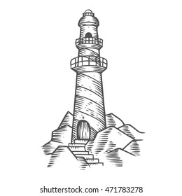 Lighthouse tower on the rocks, hand drawn engraving sketch vector nautical Lighthouse illustration. Lighthouse Retro vintage navigation marine building. Light house architecture  on white background