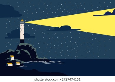 Torre del faro en el océano de la orilla del mar con el rayo de luz