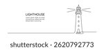 Lighthouse tower in one continuous line drawing. Light house with beams of light shining in all directions in simple linear style. Sea coast in Editable stroke. Monoline vector illustration