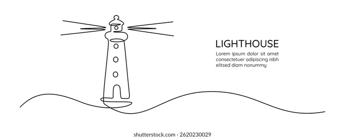 Torre do farol em um desenho de linha contínua. Casa de luz com feixes de luz brilhando em todas as direções em estilo linear simples. Costa marítima em curso Editável. Ilustração de vetor minimalista
