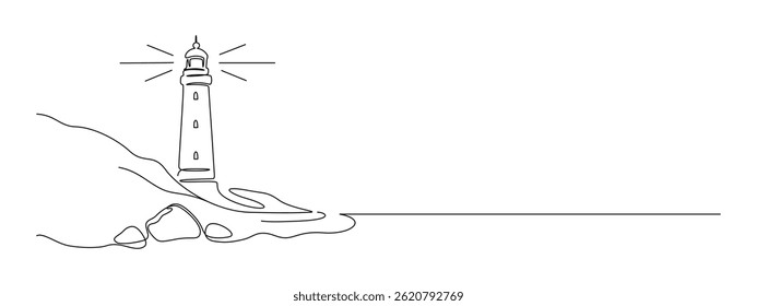 Torre do farol em um desenho de linha contínua. Casa de luz com feixes de luz brilhando em todas as direções em estilo linear simples. Costa marítima em curso Editável. Ilustração de vetor minimalista