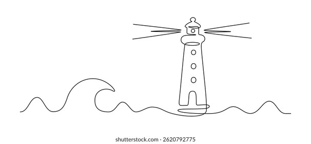 Lighthouse tower in one continuous line drawing. Light house with beams of light shining in all directions in simple linear style. Sea waves in editable stroke. Minimalistic vector illustration
