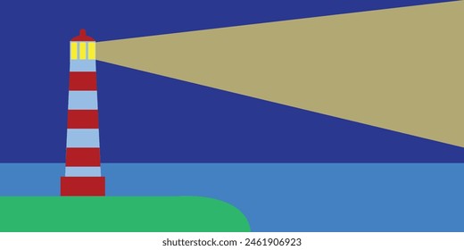Lighthouse tower with a ray of light. Background with copy space. Vector illustration