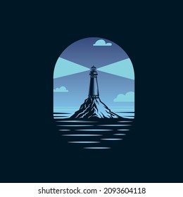 Lighthouse tower with a ray of light. Vector color illustration.