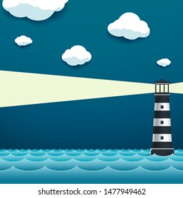 Lighthouse tower at sea. Natural landscape background. Vector illustration