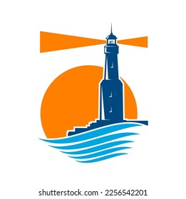 Lighthouse tower in sea round icon. Company emblem, nautical navigation and sailing safety vector symbol or graphic sign with lighthouse tower building on shore, light beam, sun disc and water waves