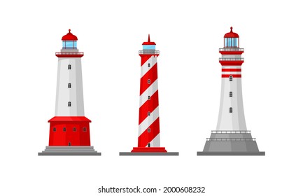 Lighthouse Tower Serving as Navigational Aid on Sea Vector Set