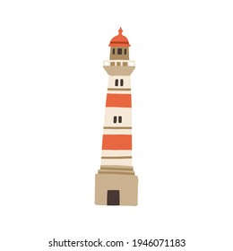 Torre de faro para orientación y navegación de buques. Casa de luz náutica para el transporte marítimo. Edificio portuario. Ilustración vectorial plana coloreada aislada en fondo blanco