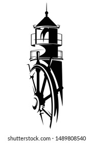 lighthouse tower and ship steering wheel - nautical exploration black and white vector design