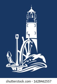 lighthouse tower, ship steering wheel, anchor, wave and flying seagull bird - sea voyage monochrome vector emblem design