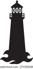 Leuchtturm Silhouette mit Wellenbasis und Leuchtturmrahmen auf transparentem Hintergrund